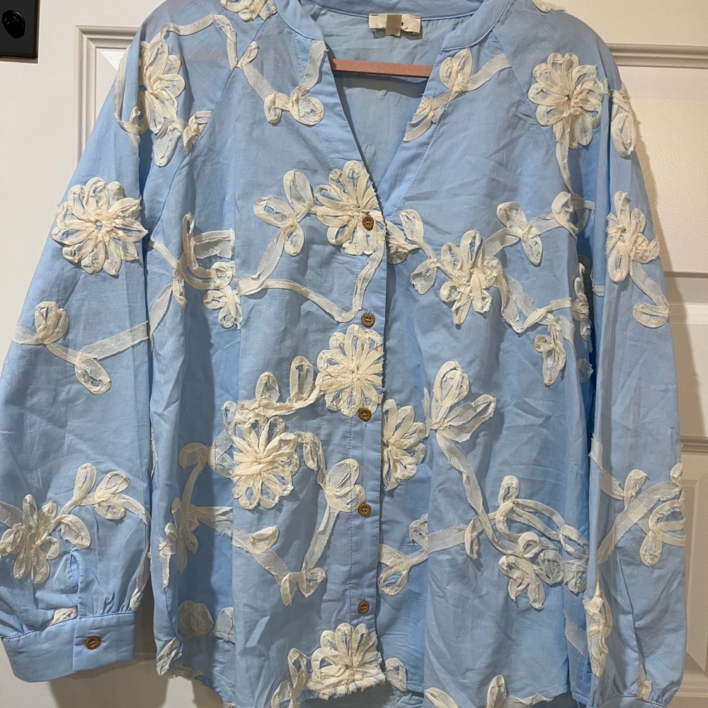 Entro Sky Blue Blouse with Cream Floral Embroidery